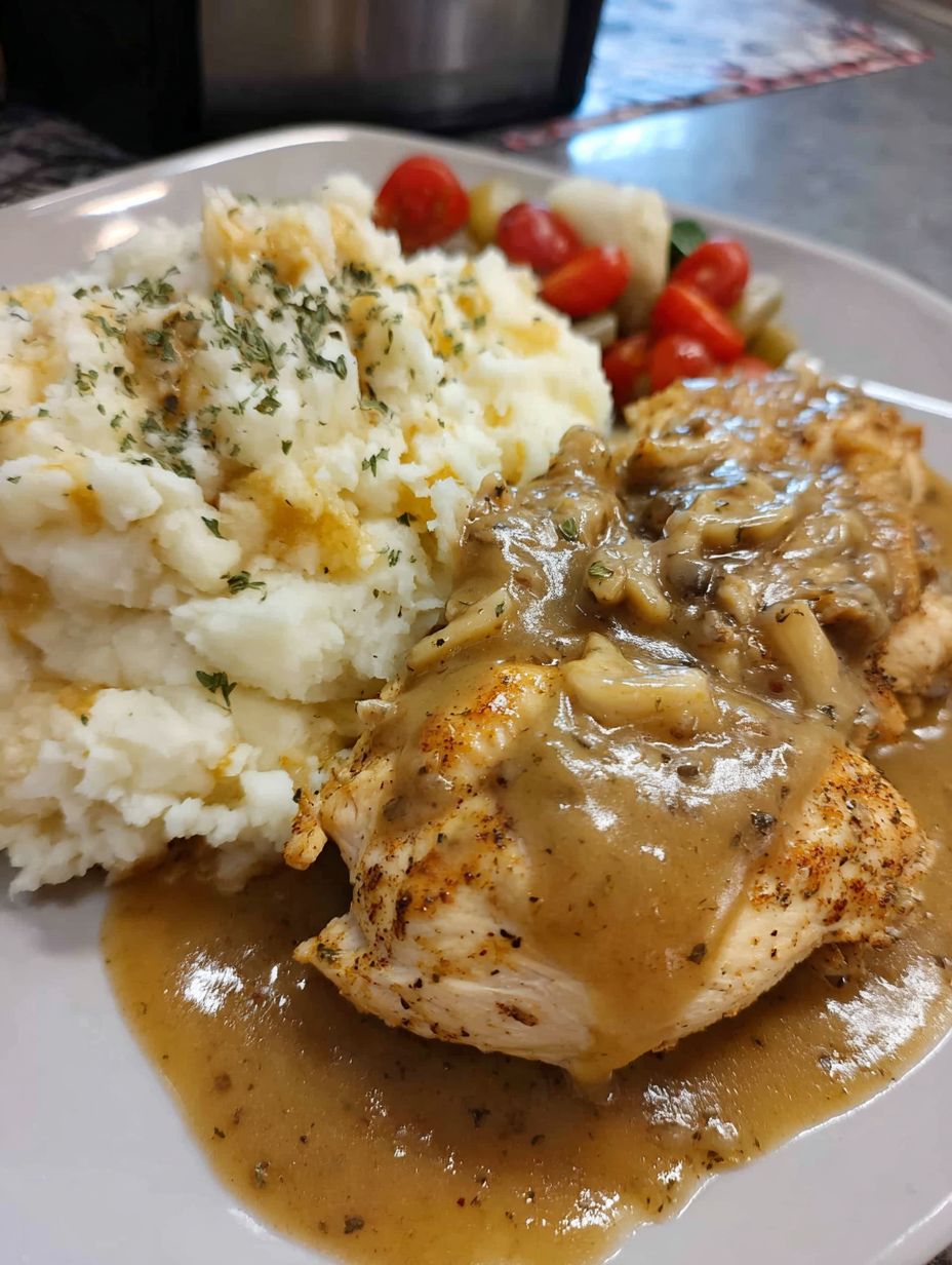 A plate of food with chicken and mashed potatoes.