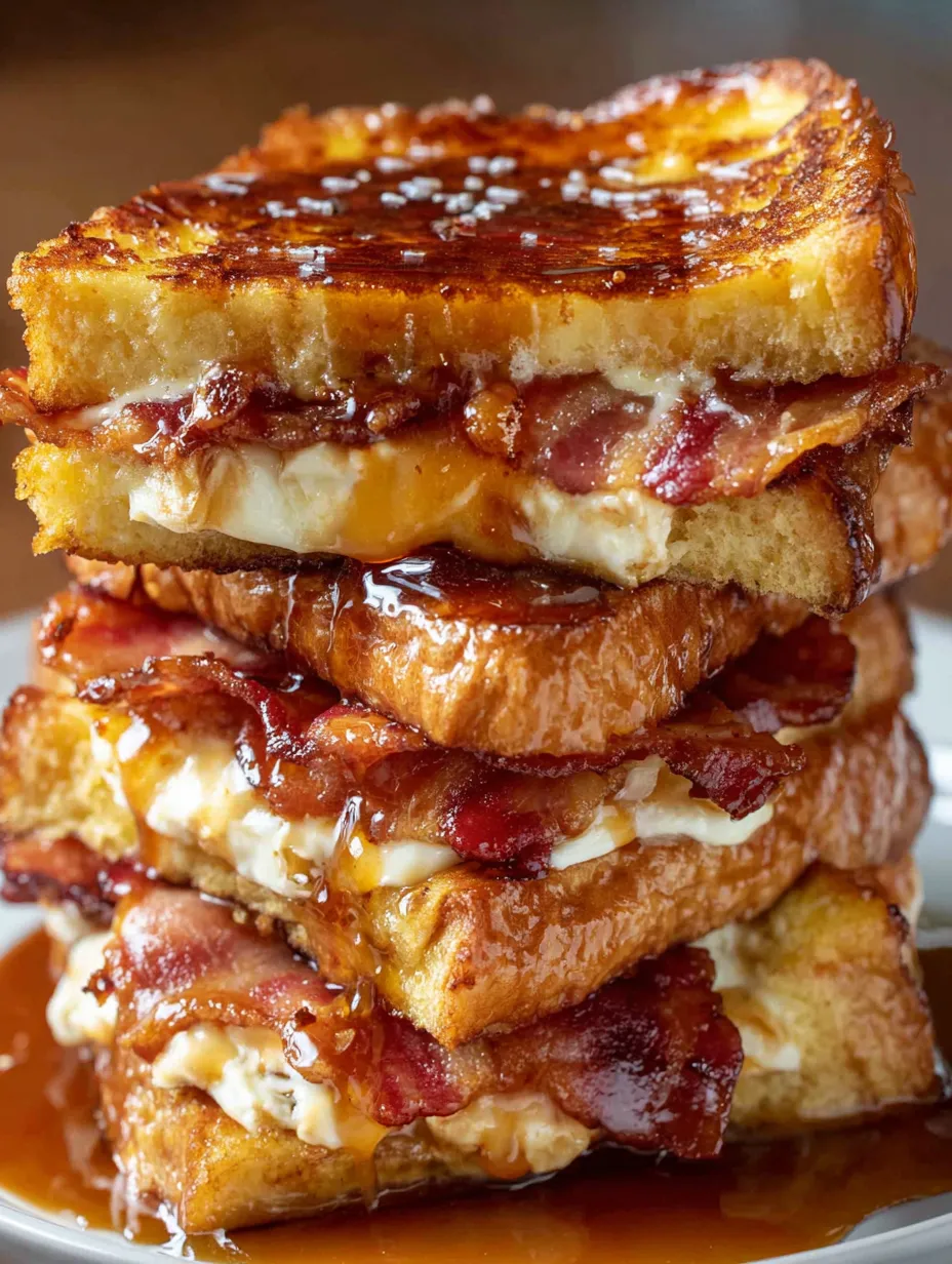 A stack of French toast with bacon and maple syrup.