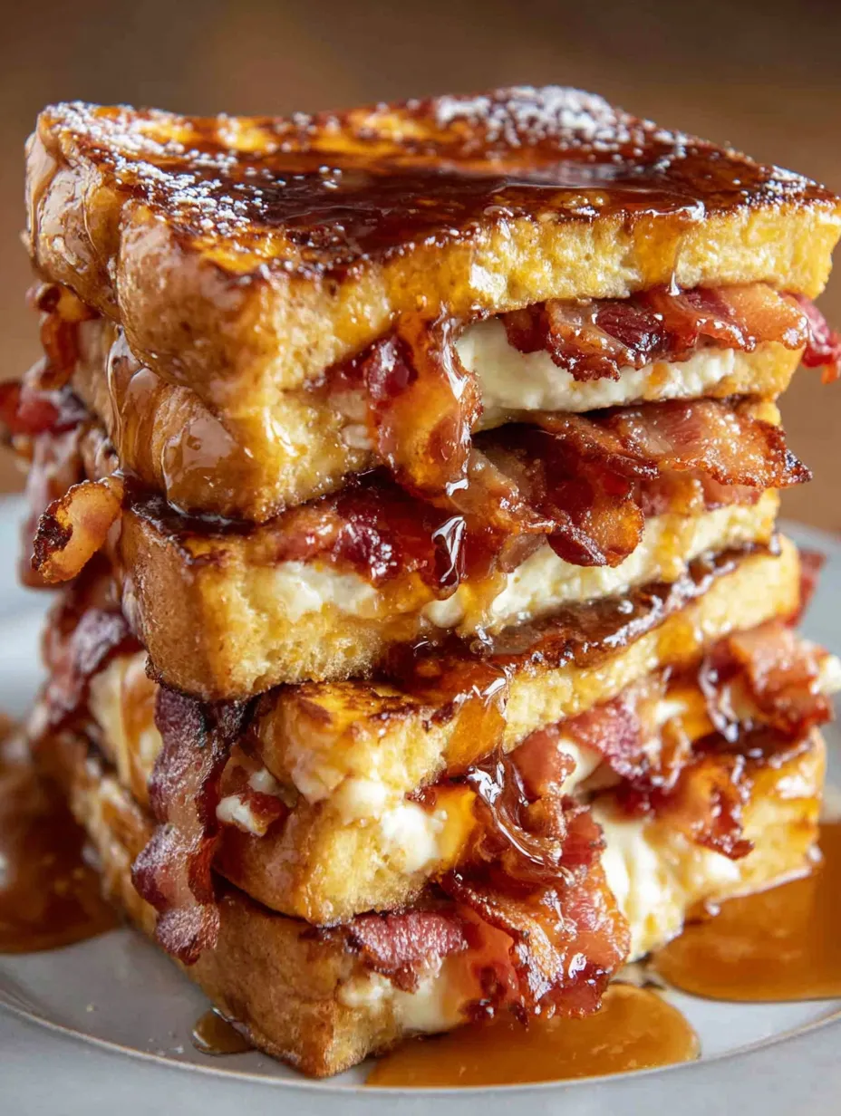 A stack of French toast with bacon and maple syrup.