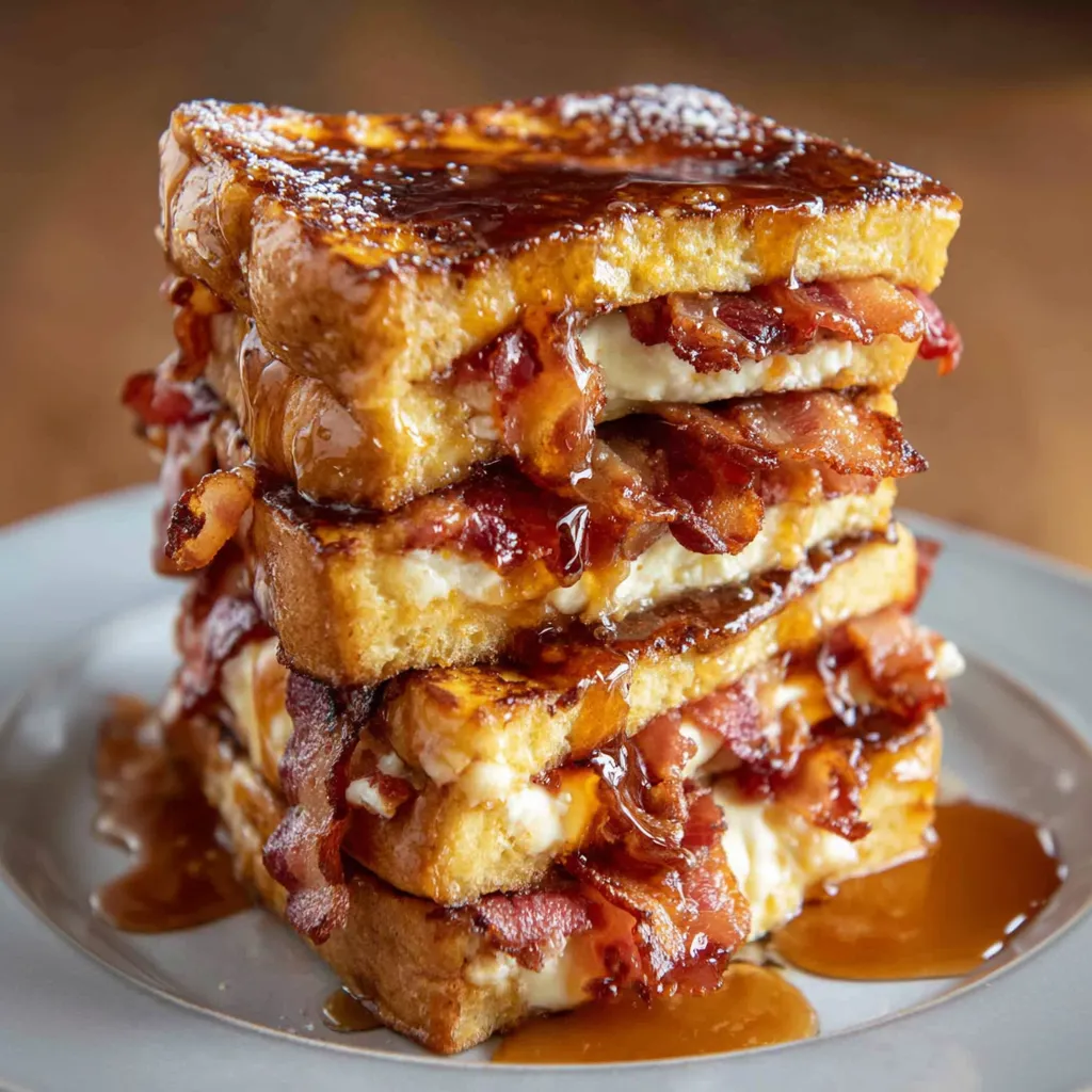 A stack of French toast with bacon and maple syrup.