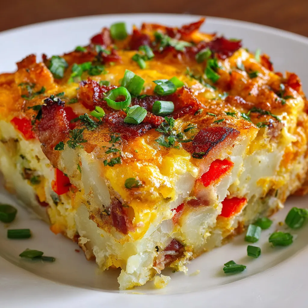 A close up of a cheesy bacon, potato and egg casserole.