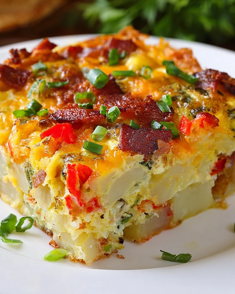 A cheesy bacon, potato and egg casserole.