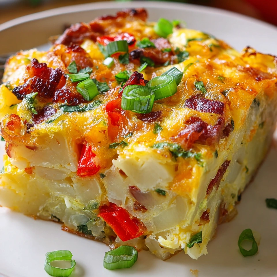 A cheesy bacon, potato and egg casserole.