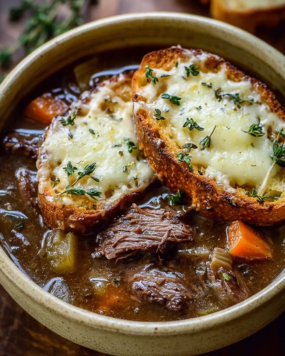 A bowl of French Onion Beef Short Rib Soup with two pieces of bread.