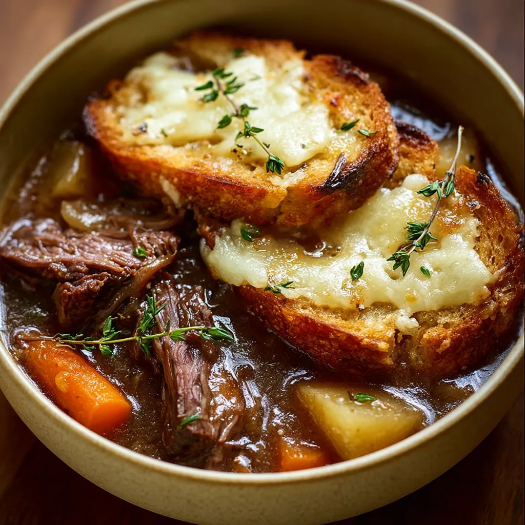 A bowl of French Onion Beef Short Rib Soup.