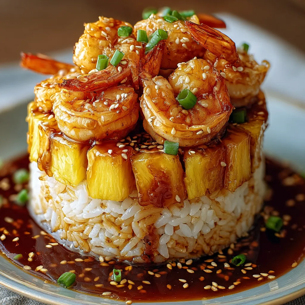 A plate of shrimp with teriyaki sauce and pineapple.