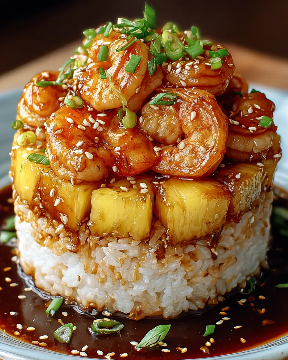 A stack of rice with shrimp and pineapple.