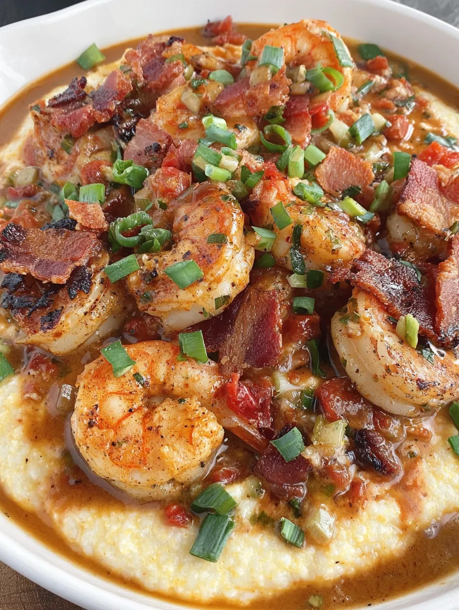 A plate of shrimp and grits with bacon.