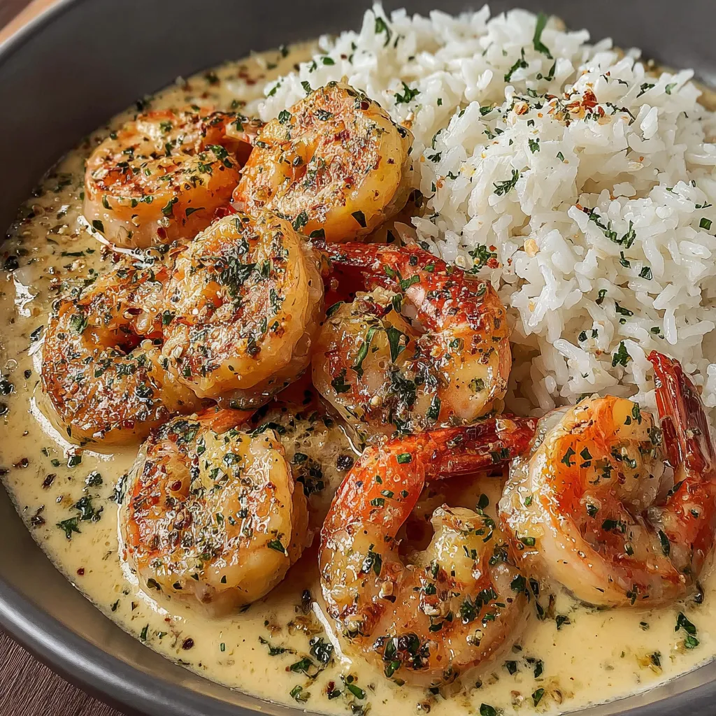 A bowl of shrimp with rice and garlic butter.
