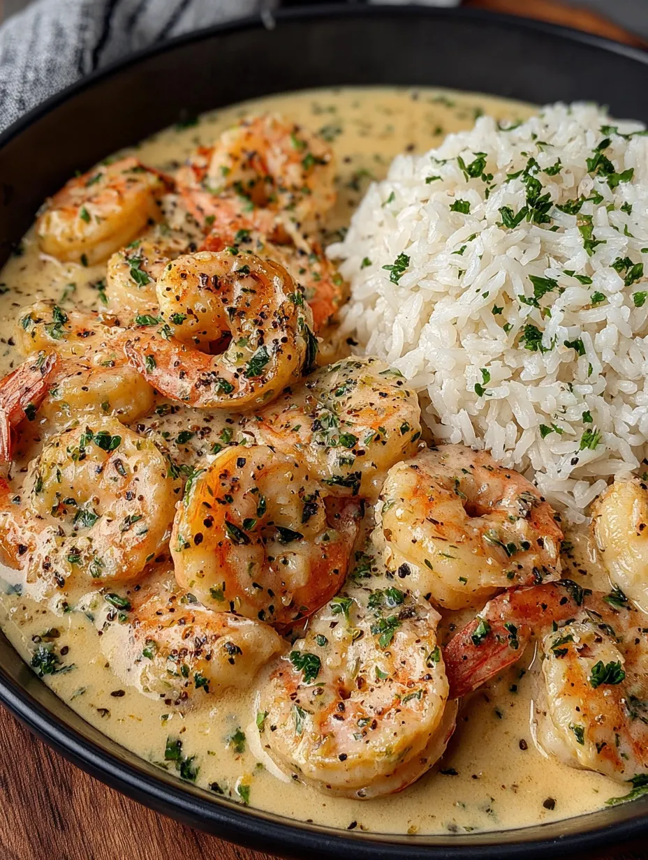 A bowl of shrimp with rice and a green herb.