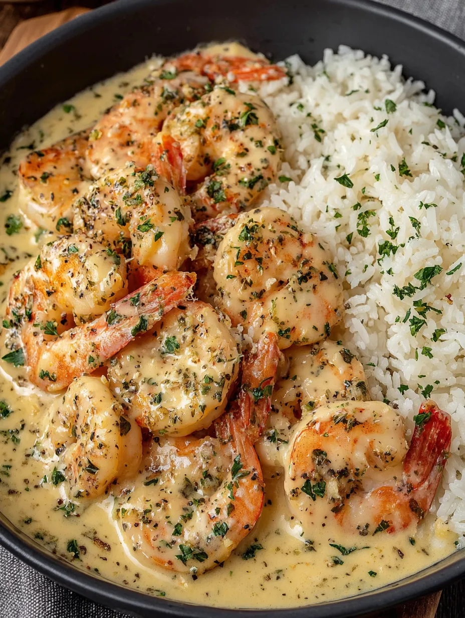 A bowl of shrimp with rice and garlic butter.