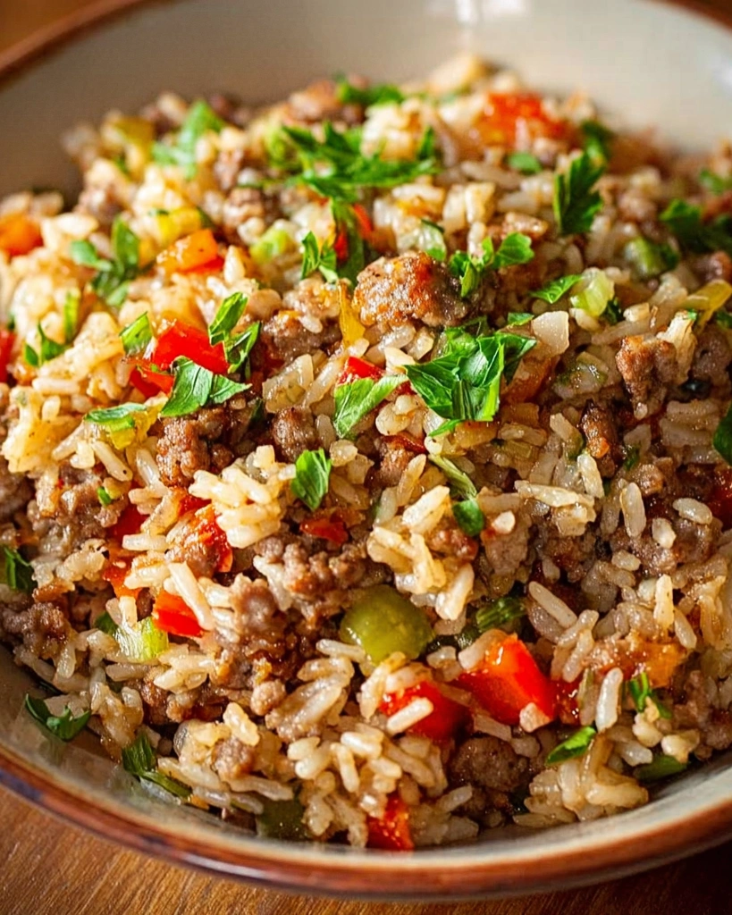 A bowl of dirty rice with meat and vegetables.