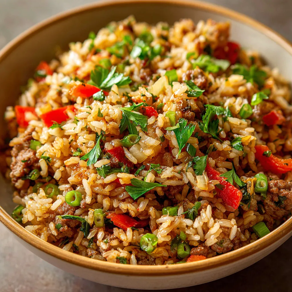 A bowl of rice with meat and vegetables.