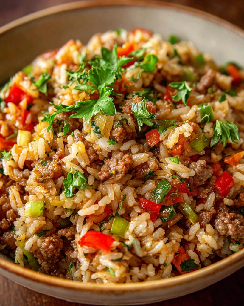 A bowl of rice with meat and vegetables.