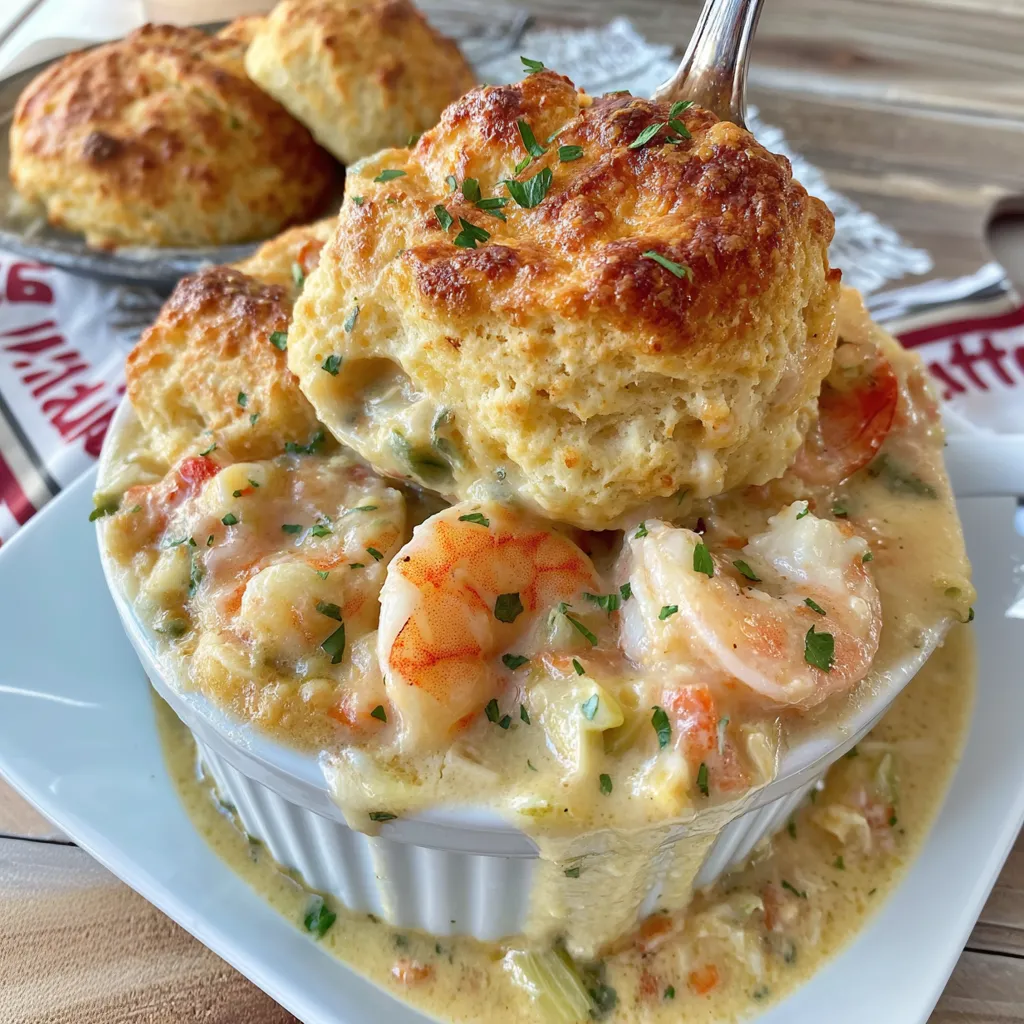 A bowl of seafood pot pie with biscuits on top.