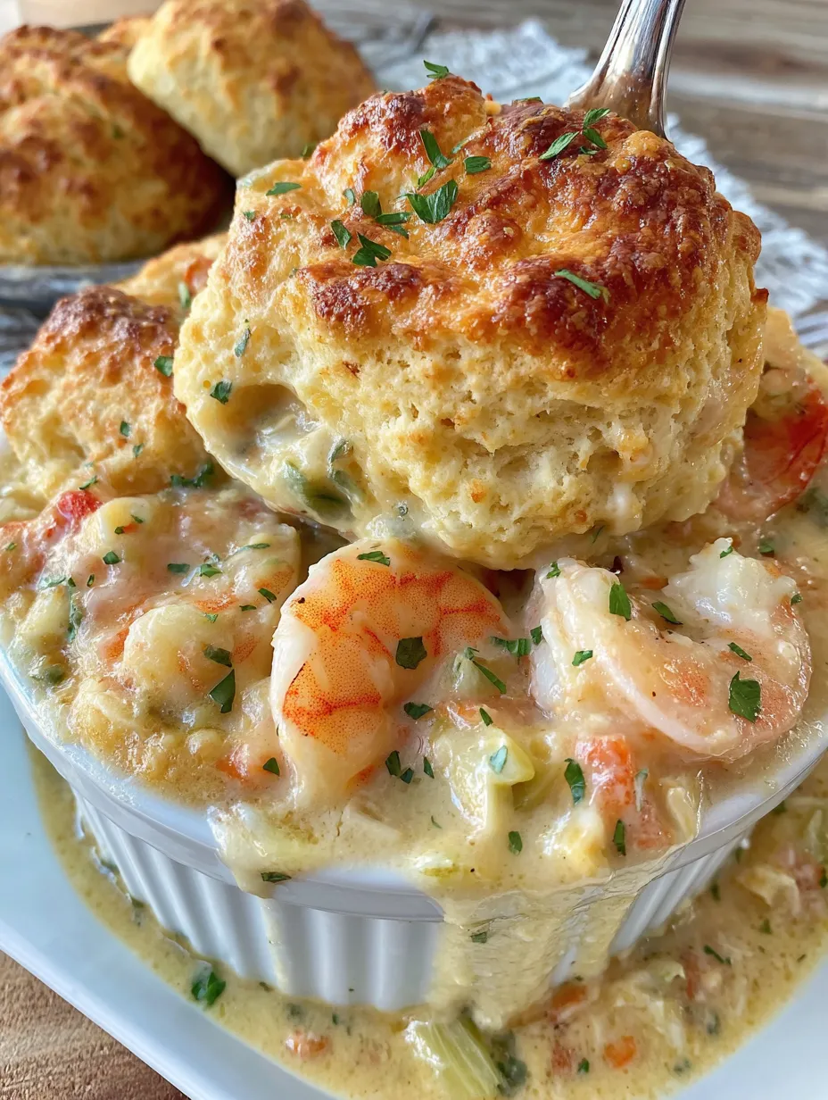 A bowl of seafood pot pie with biscuits on top.
