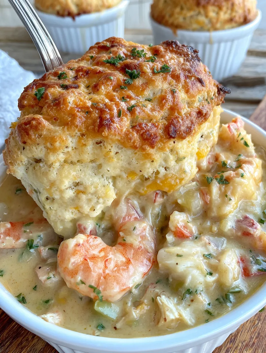 A bowl of cheddar bay biscuit seafood pot pie.
