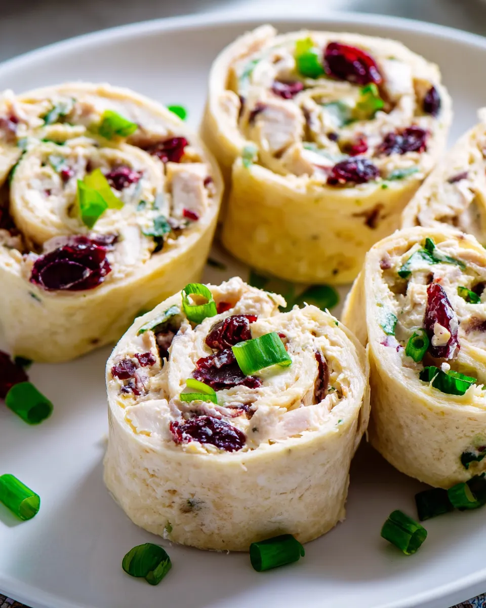 Creamy chicken cranberry pecan pinwheels.