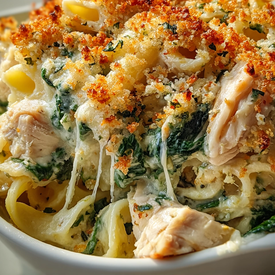 A bowl of spinach chicken casserole with cream cheese and mozzarella.