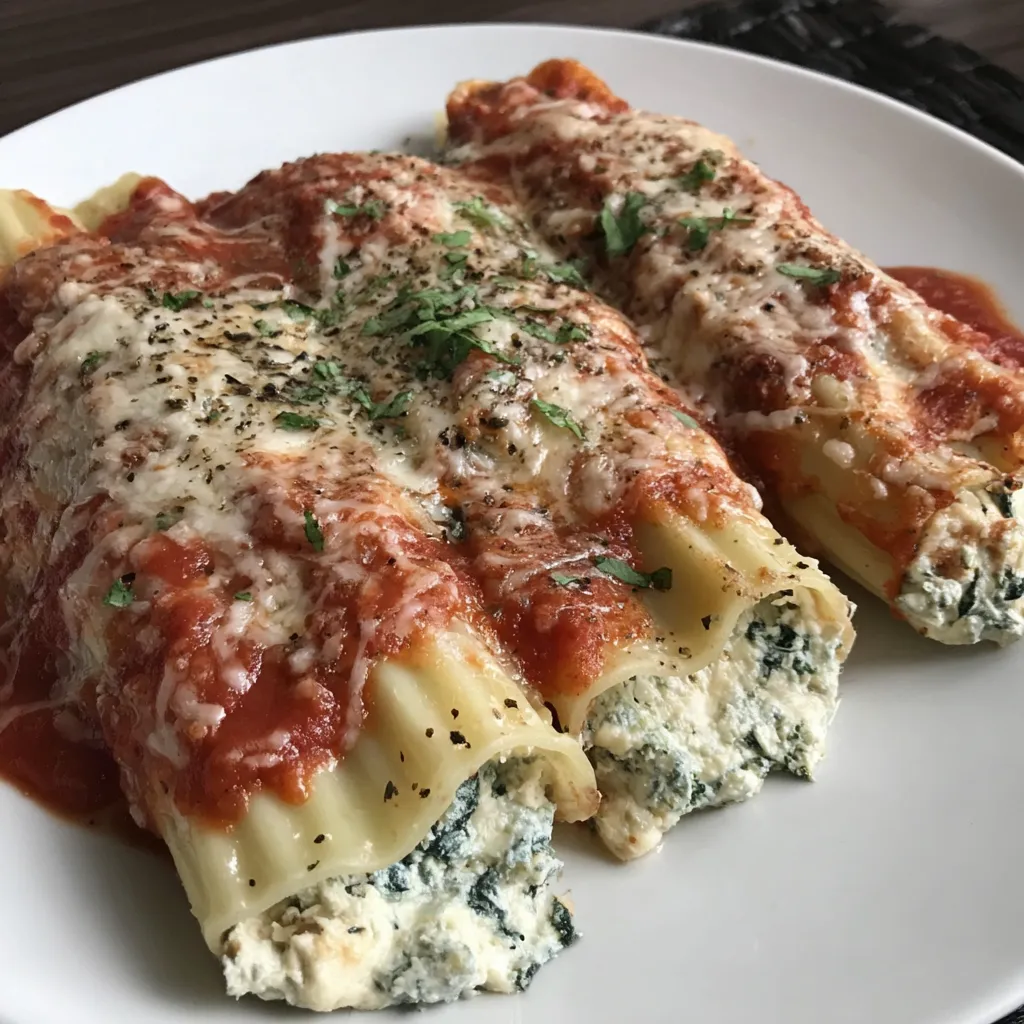 Spinach and cheese manicotti on a white plate.