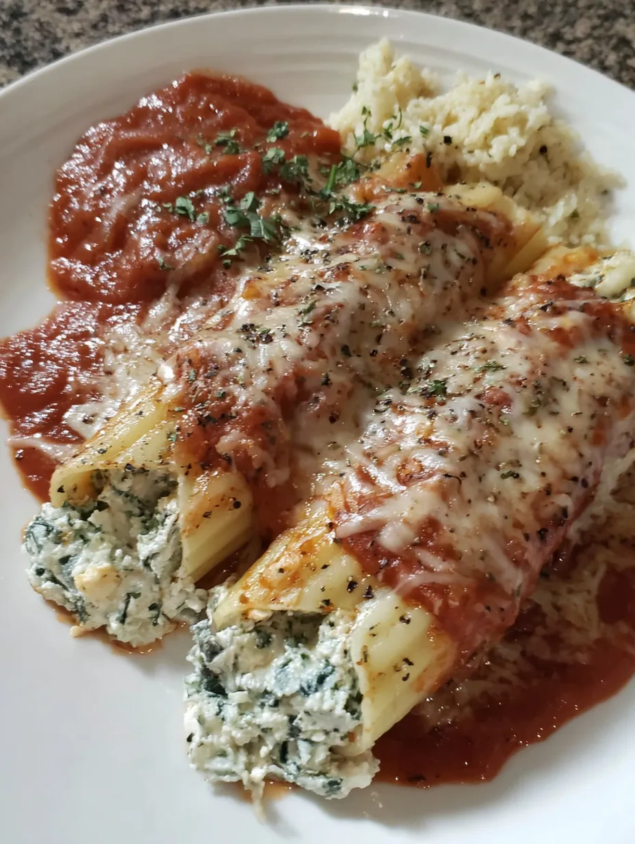 A plate of food with a spinach and cheese manicotti.