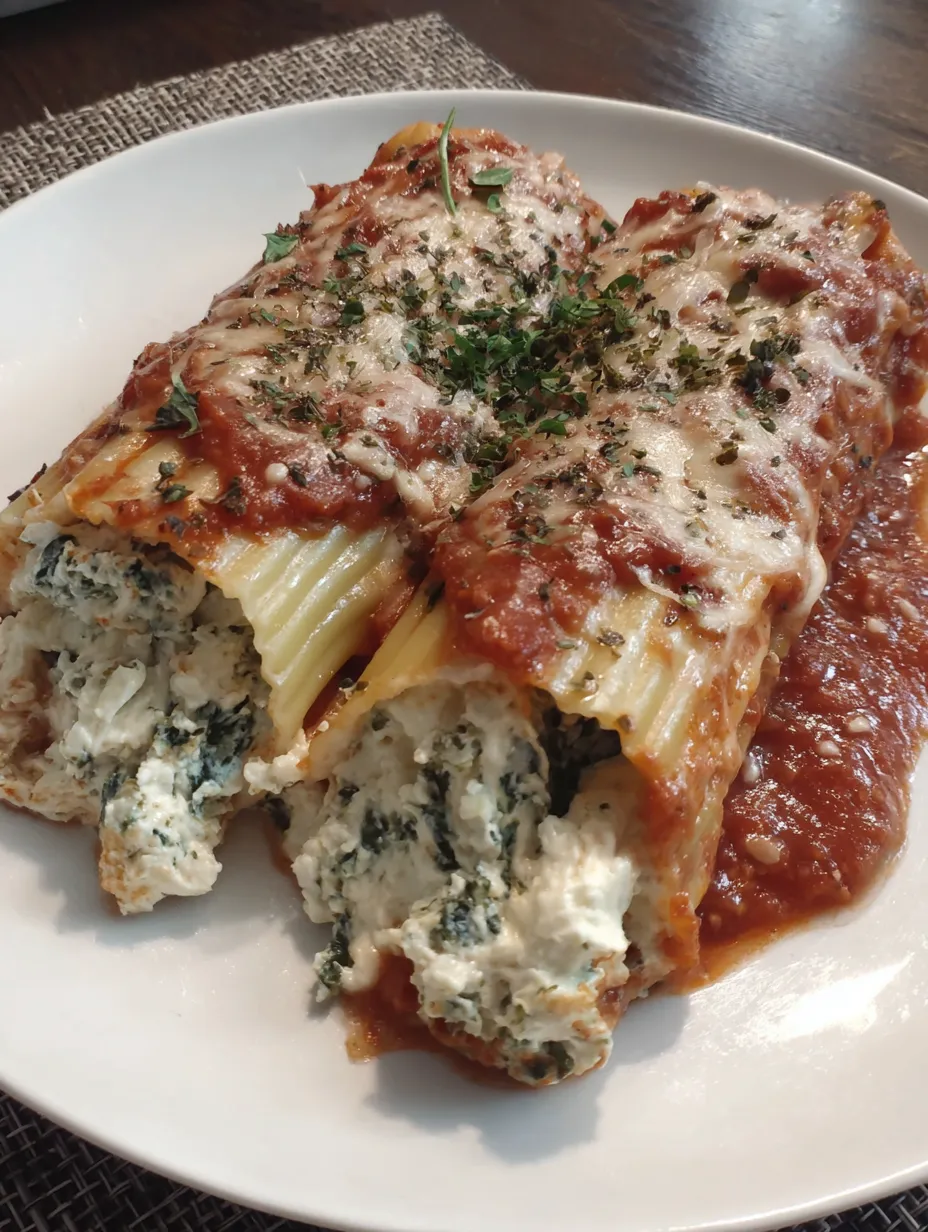 A plate of spinach and cheese manicotti.