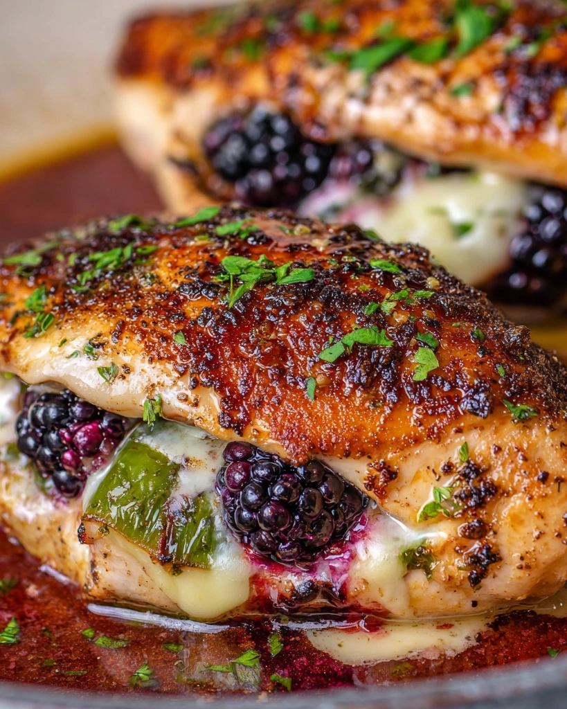 A close up of a piece of chicken with blackberries and jalapenos.