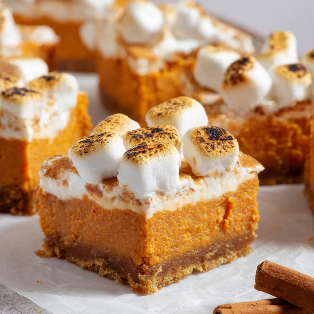 Sweet potato pie bars with marshmallows on top.