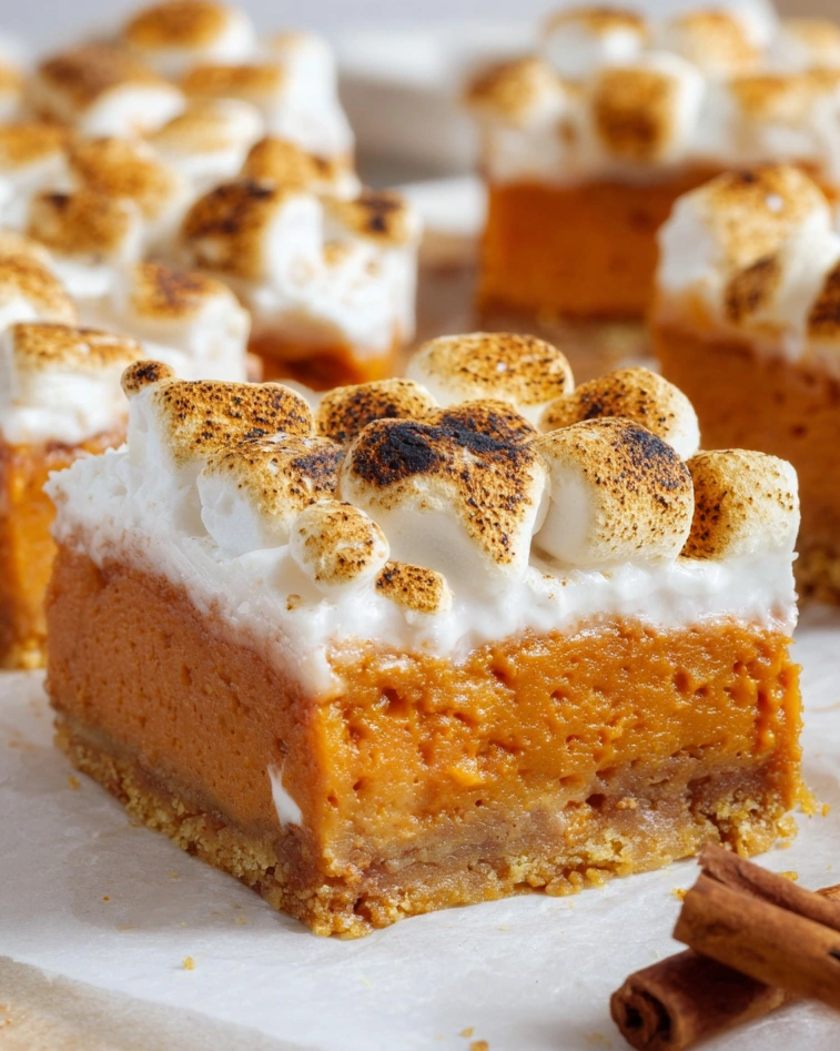 Sweet potato pie bars with marshmallows on top.