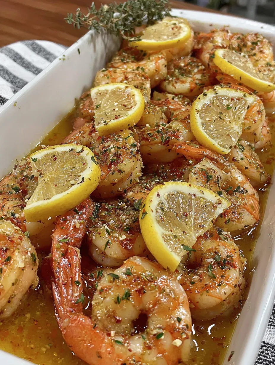 A dish of baked Italian shrimp with lemon slices.