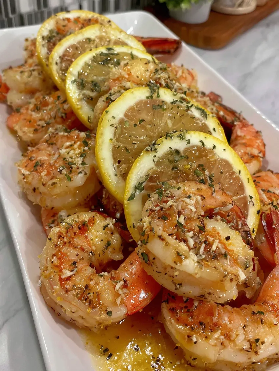 A plate of baked Italian shrimp with lemon and herbs.