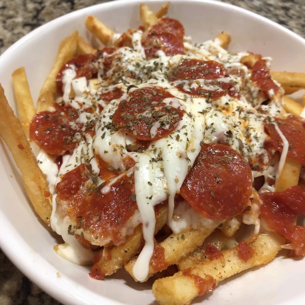 A bowl of pepperoni pizza fries.