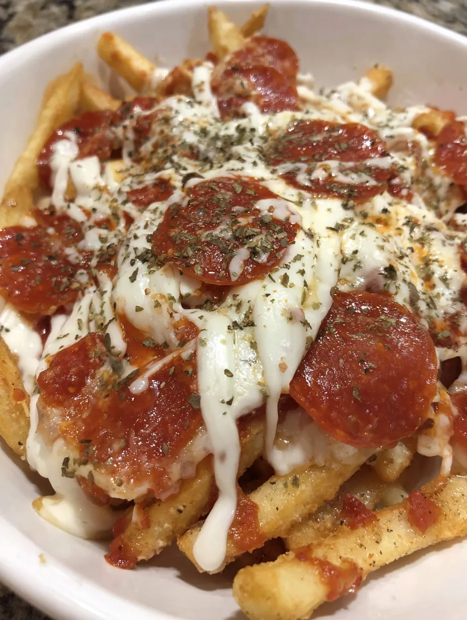 A plate of pepperoni pizza fries.