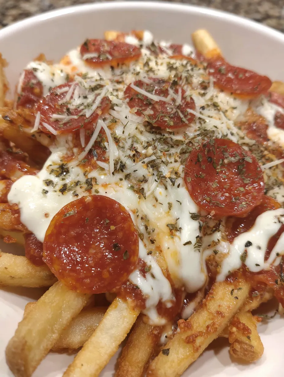 A plate of pepperoni pizza fries.