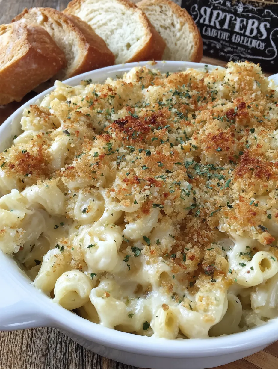 A bowl of baked mac and cheese with bread and a spoon.