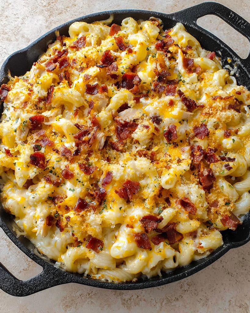 A close up of a delicious chicken and bacon pasta dish.