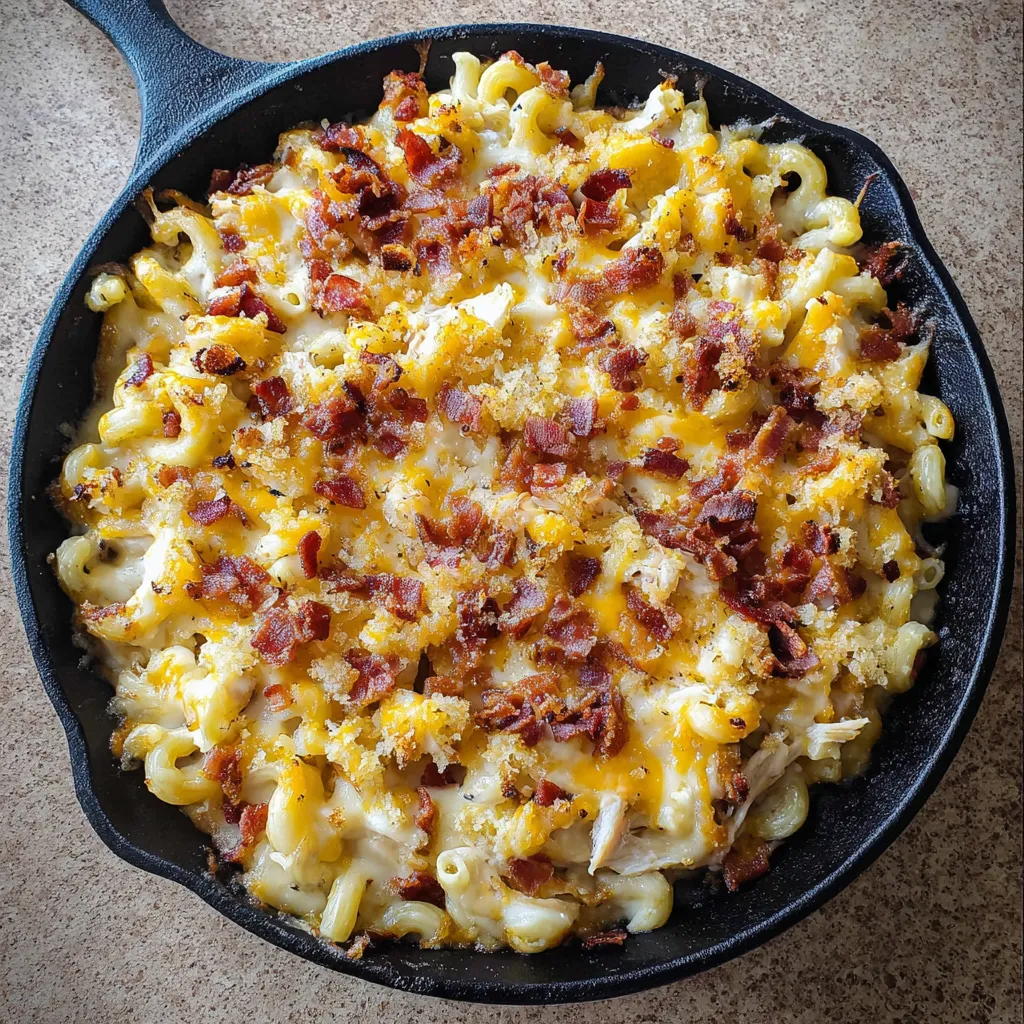 A pan of chicken and bacon pasta.