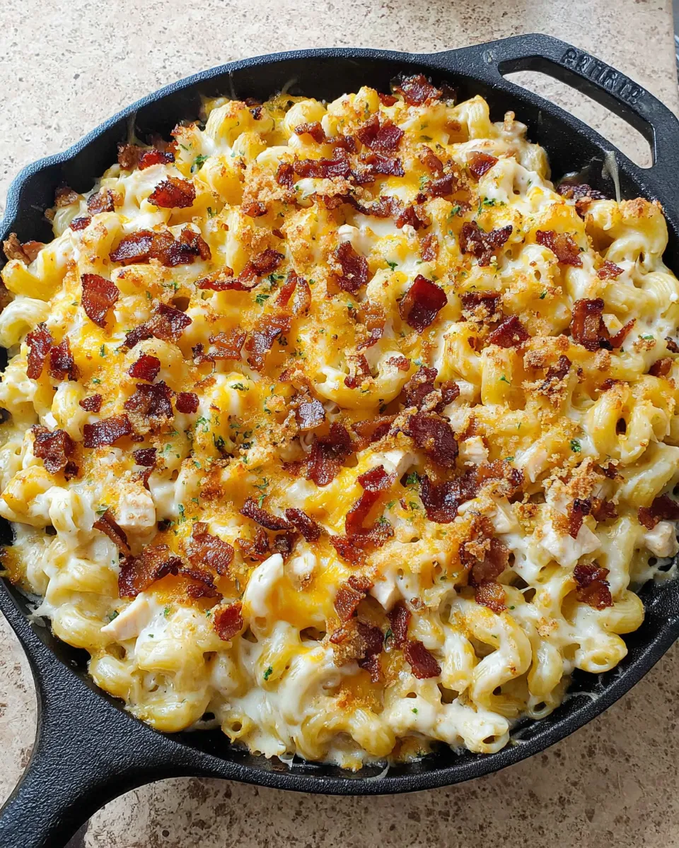 A close up of a delicious chicken and bacon pasta dish.