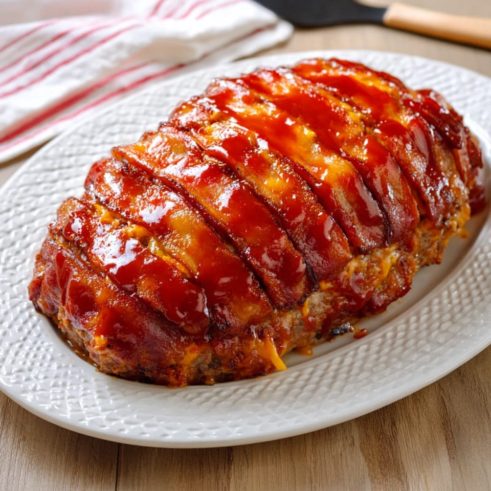 A plate of meatloaf with a thick layer of sauce.