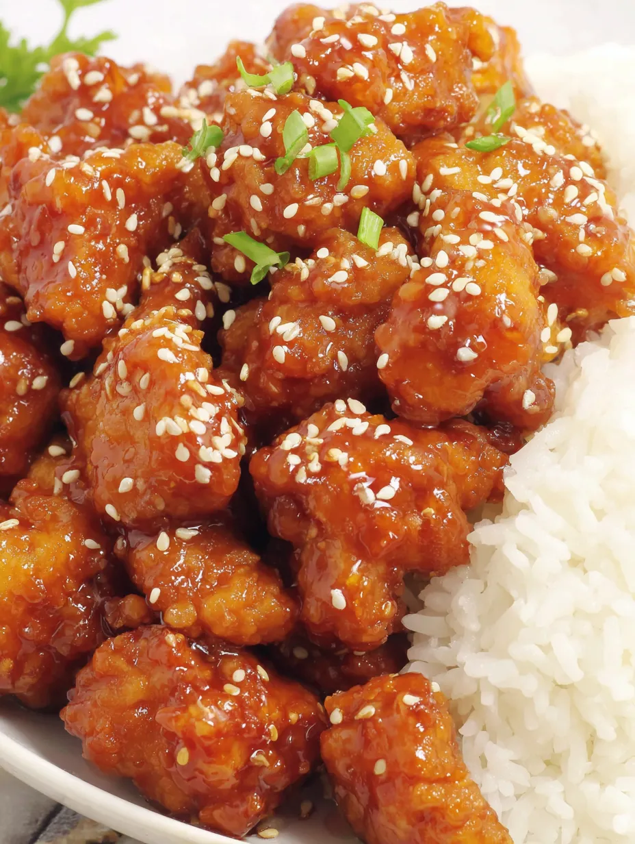 A plate of Sesame Chicken with rice.