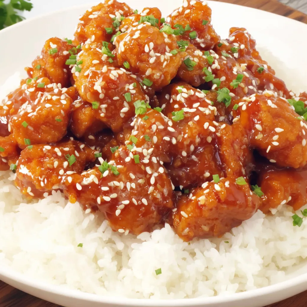 A plate of Sesame Chicken with rice.