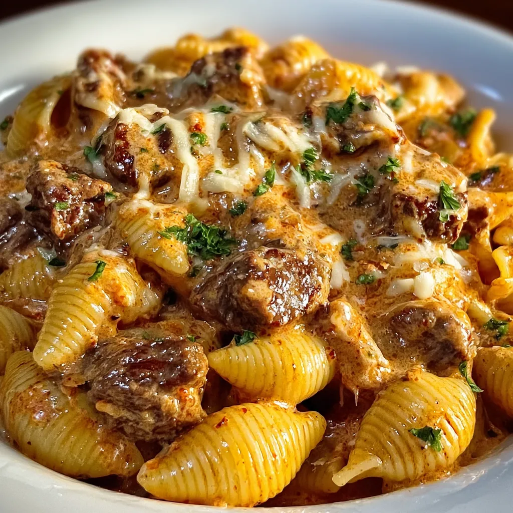 A bowl of creamy paprika steak shells.