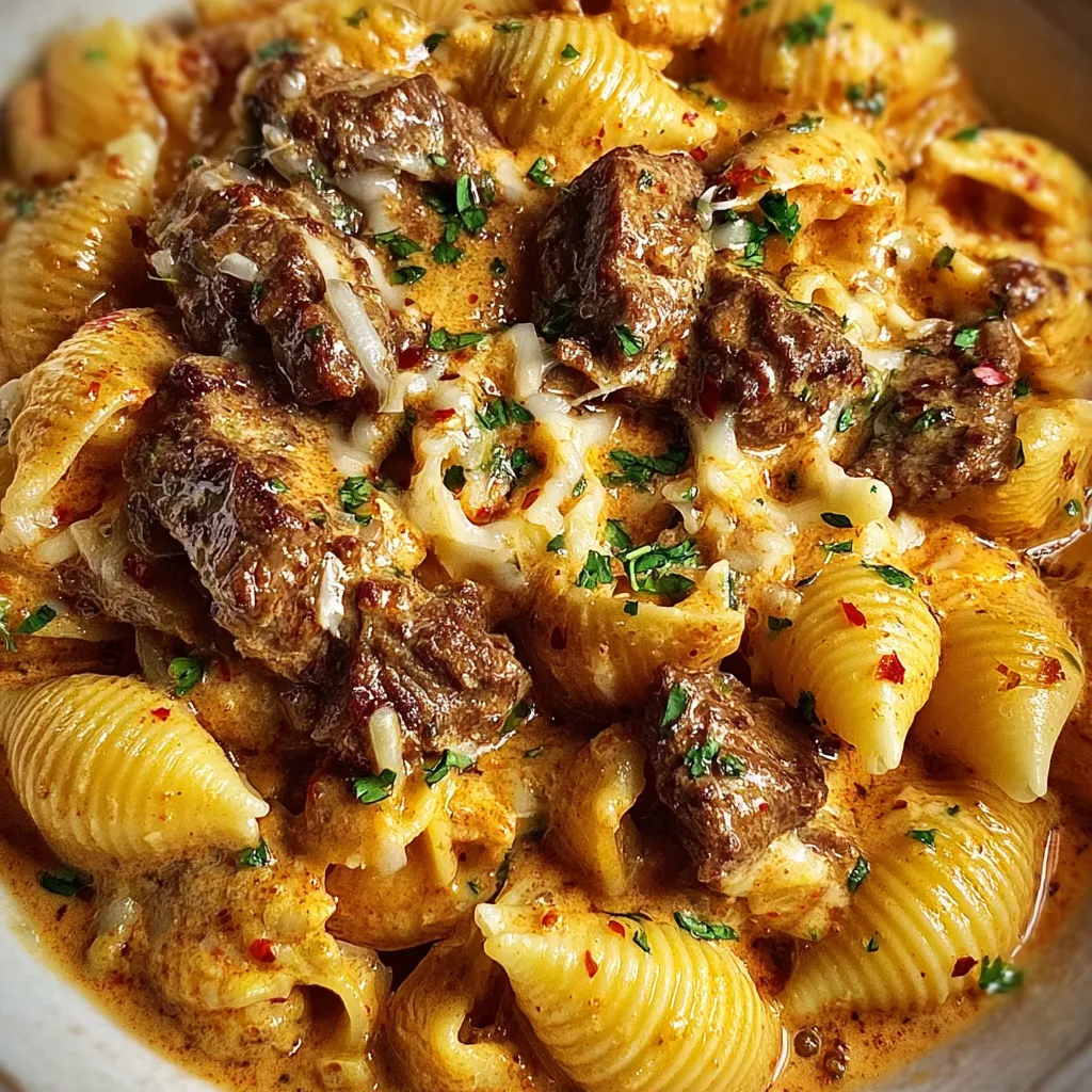 A bowl of creamy paprika steak shells.