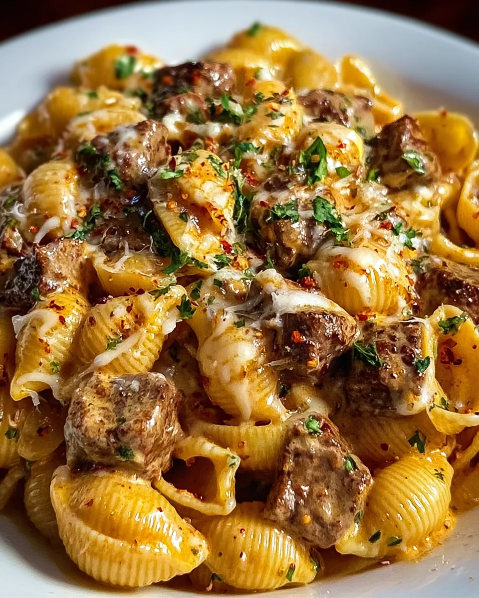 A plate of creamy paprika steak shells.