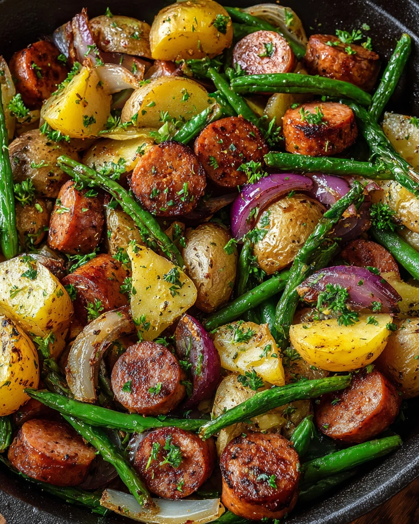 A delicious meal of sausage, green beans, and potatoes.