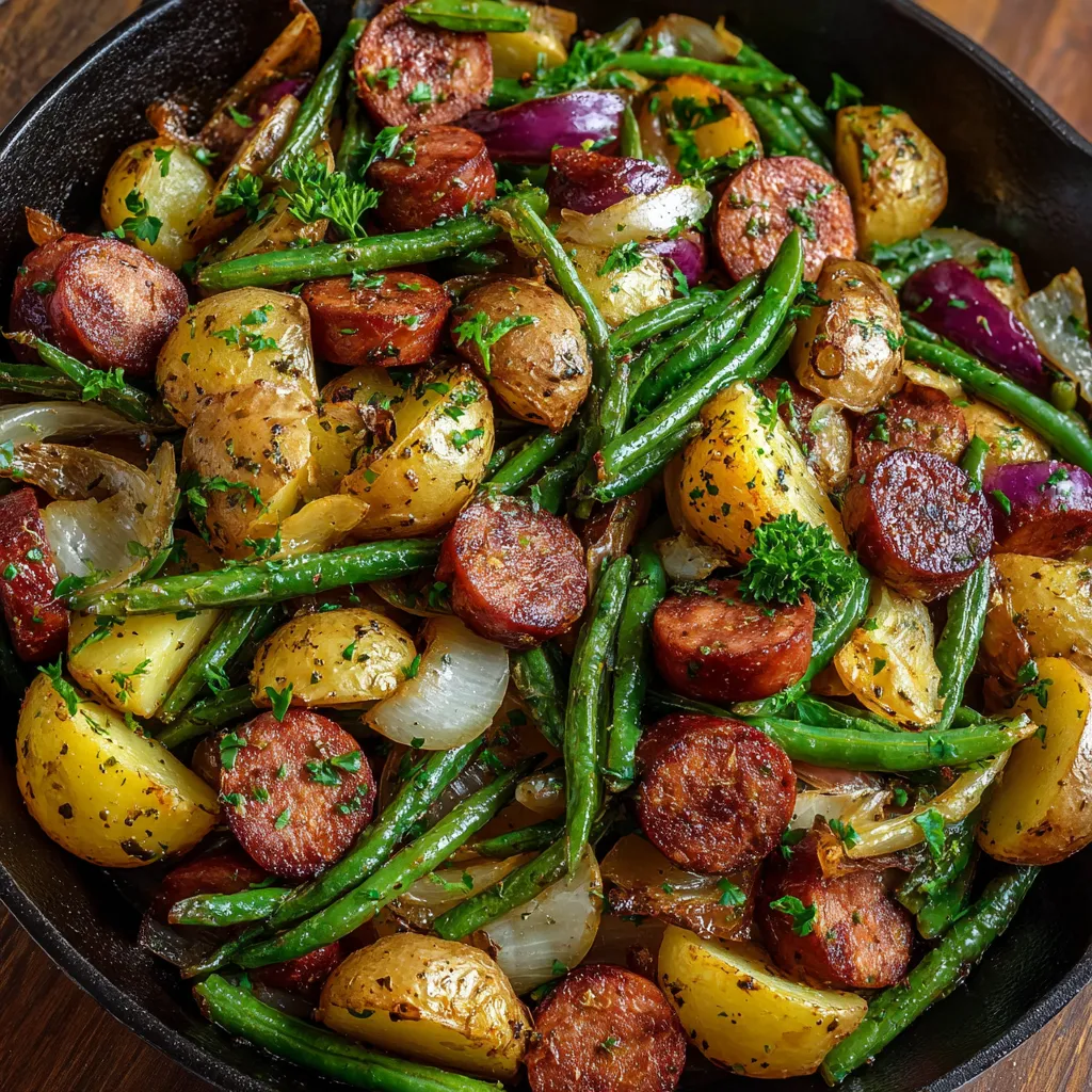 A pan of sausage, green beans, and potatoes.
