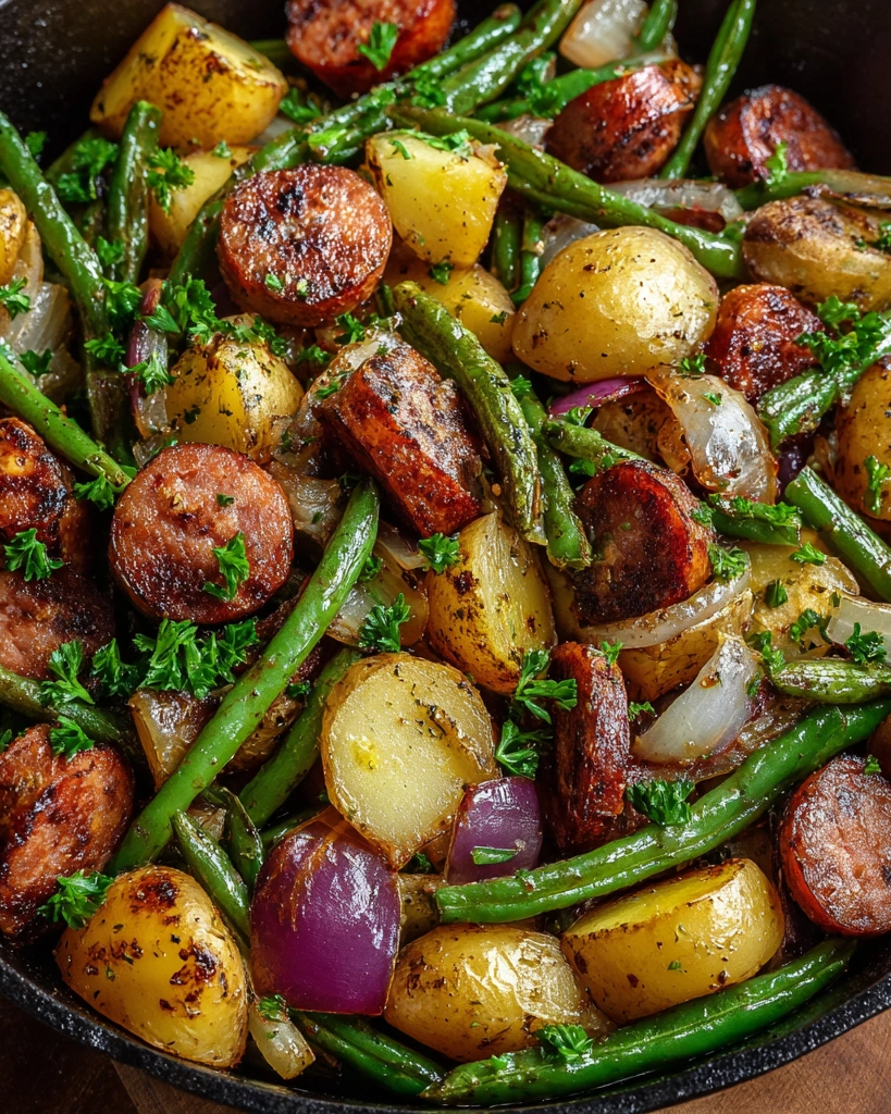A delicious meal of sausage, green beans, and potatoes.