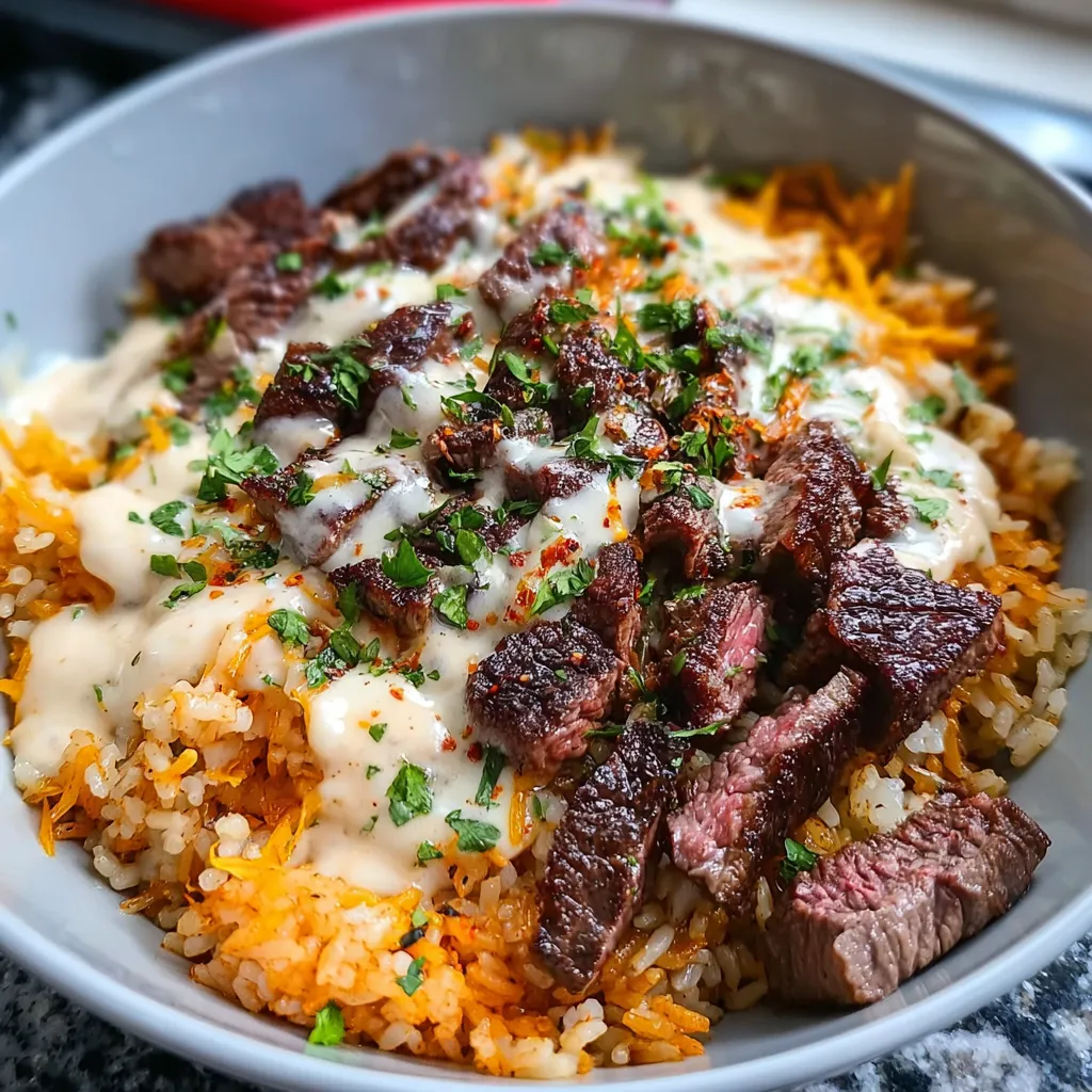 A bowl of steak queso rice.