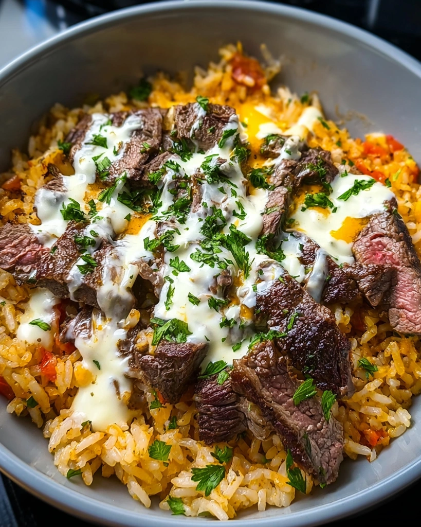 A bowl of rice with steak and cheese on top.