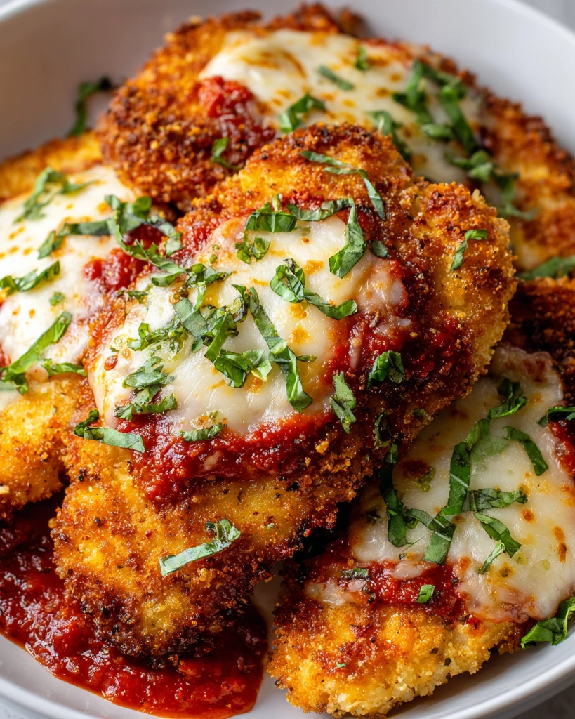 A plate of cheesy crispy chicken parmesan.